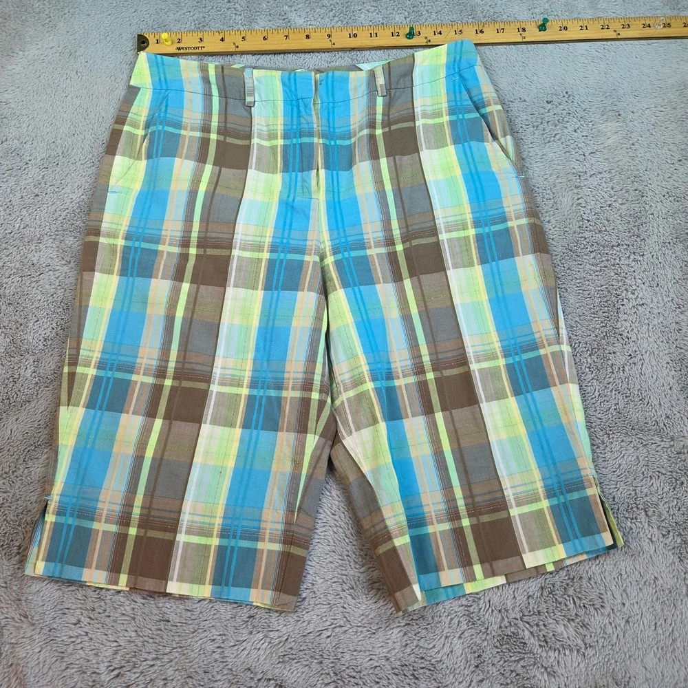 Talbots Plaid Walking Shorts Womens Sz 8 Metallic Accent Blue Green Brown Multi